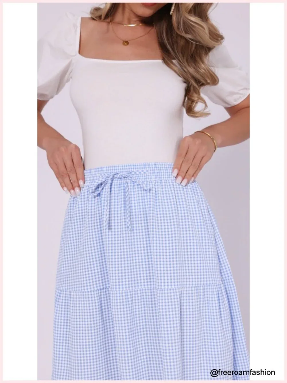 Women's Gingham Skirt Midi A-Line Tiered with Pockets Drawstring Waist